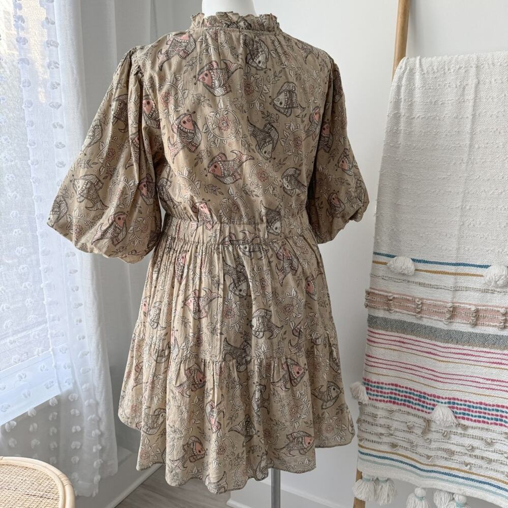 Let Me Be Anthropologie Celeste Fish Print Peasant Puff Sleeves Mini Dress 14 - Picture 7 of 14